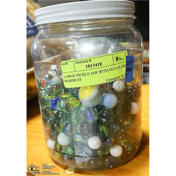 LARGE PICKLE JAR WITH OLD GLASS MARBLES