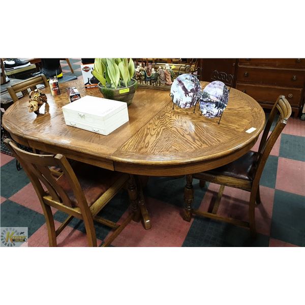 SOLID OAK DINING TABLE WITH 4 ANTIQUE OAK CHAIRS