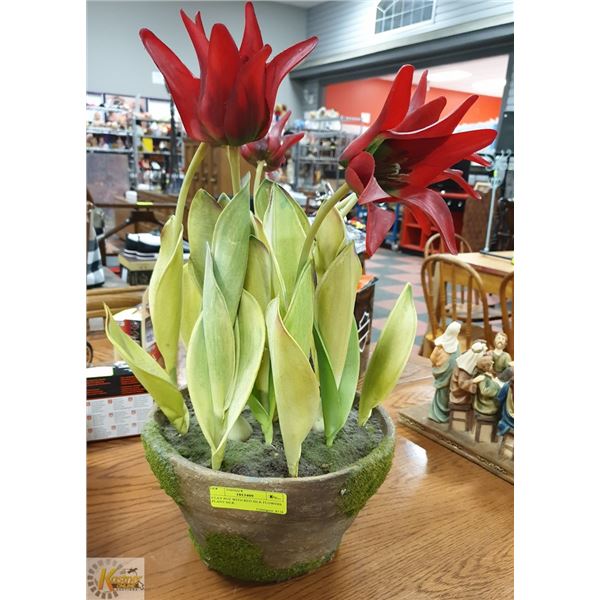CLAY POT WITH RED SILK FLOWERS PLANT SILK