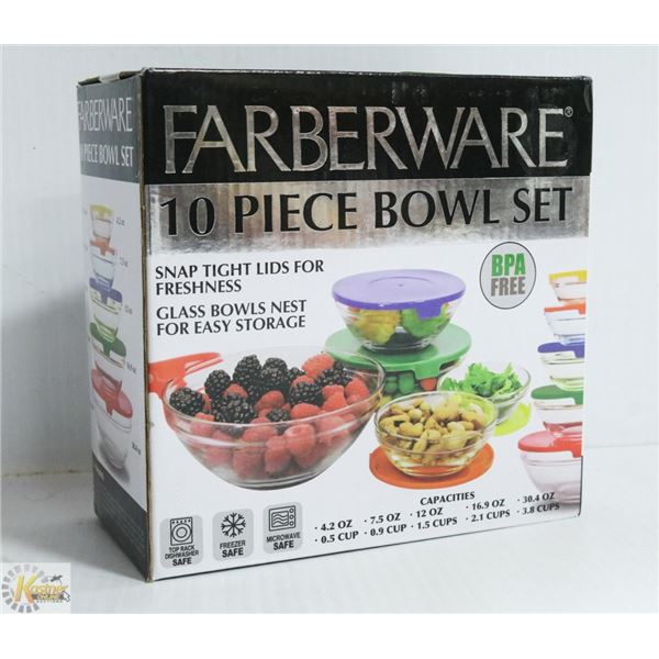 NEW FARBERWARE 10PC GLASS BOWL SET