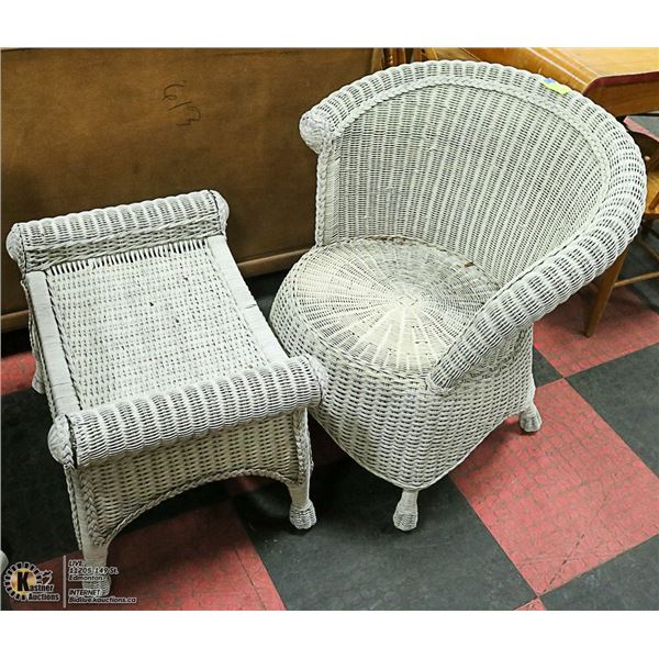 WHITE WICKER CHAIR AND OTTOMAN