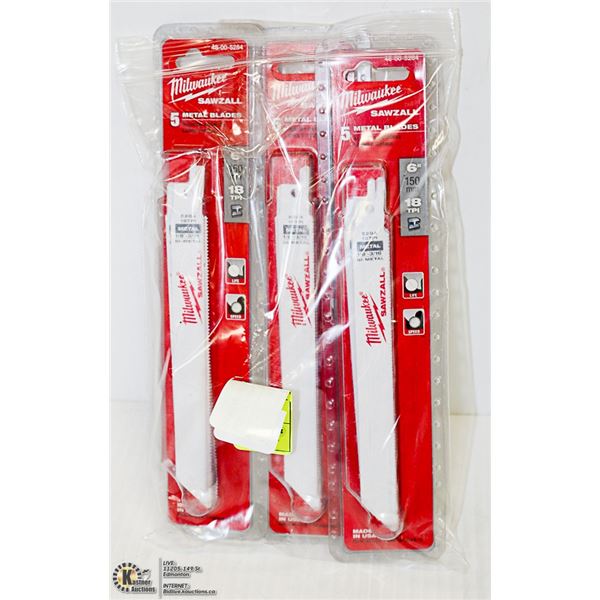 LOT OF 3 5 PACKS OF MILWAUKEE SAWZALL 6" BLADES