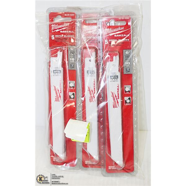LOT OF 3 5 PACKS OF MILWAUKEE SAWZALL 6" BLADES