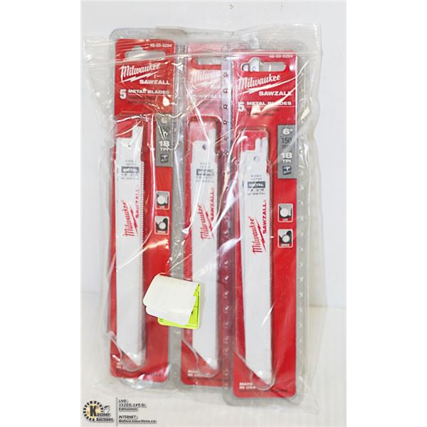 LOT OF 3 5 PACKS OF MILWAUKEE SAWZALL 6" BLADES