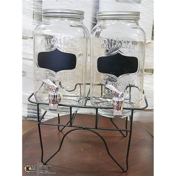 PAIR OF GLASS DECANTERS ON STAND