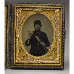 1/9th Plate Tintype of Soldier With Tent Peg