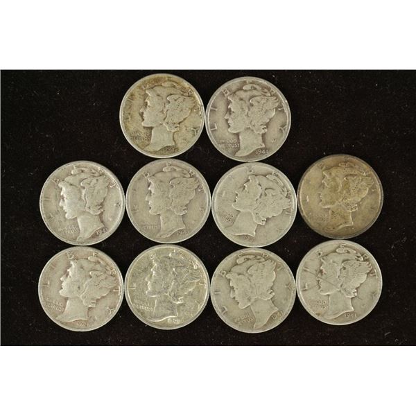 10 ASSORTED 1940'S MERCURY DIMES
