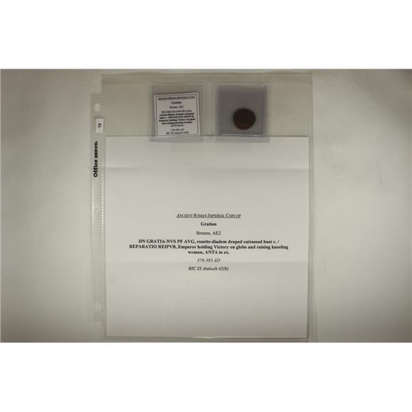 378-383 A.D. GRATIAN ANCIENT COIN WITH INFO SHEET