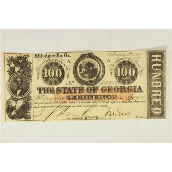 1863 MILLEDGEVILLE, GA $100 OBSOLETE BANK NOTE