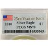 Image 3 : 2010 AMERICAN SILVER EAGLE PCGS MS70 25TH YEAR OF