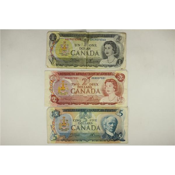 3 PIECES OF CANADIAN CURRENCY 1973-$1, 1974-$2 AND