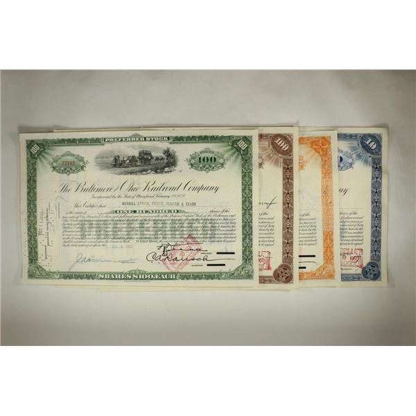 4 VINTAGE STOCK CERTIFICATES BALTIMORE AND OHIO