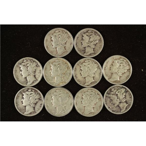 10 ASSORTED 1940'S MERCURY DIMES