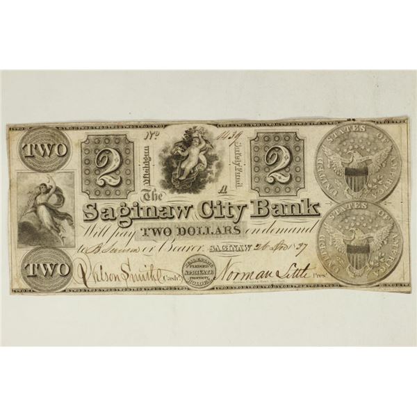 1837 SAGINAW CITY BANK $2 OBSOLETE BANK NOTE