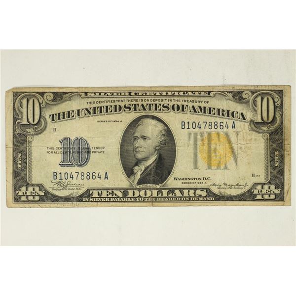 1934-A $10 NORTH AFRICAN SILVER CERTIFICATE YELLOW