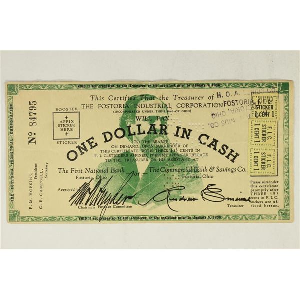 1936 FOSTORIA INDUSTRIAL CORPORATION $1 IN CASH