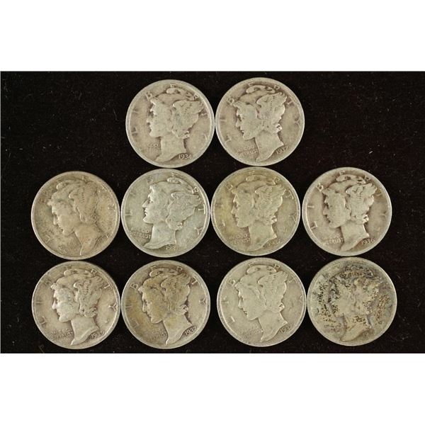 10 ASSORTED 1930'S MERCURY DIMES