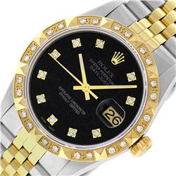 Rolex Mens 2 Tone Black Diamond Pyramid Bezel 36MM Datejust Wristwatch
