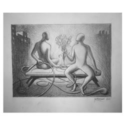 Mark Kostabi "They're Playing My Song" Hand Signed Original Artwork with COA.
