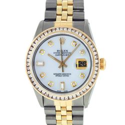 Rolex Mens 2 Tone MOP Princess Cut Diamond Datejust Wristwatch With Rolex Box