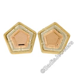 New 14kt Rose, White, and Yellow Gold Stone Finished Tiered Pentagon Stud Earrin