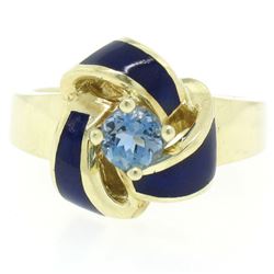 Vintage 14K Yellow Gold FINE Aquamarine & Blue Enamel Trinity Knot Cocktail Ring