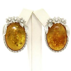 Vintage 18k White Gold Large Oval Amber Diamond Omega Earrings w/ Flower Etching