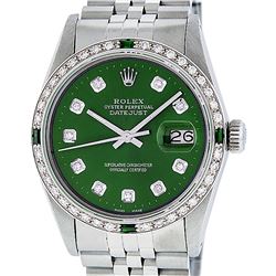 Rolex Mens Stainless Steel Green Vignette Diamond Oyster Perpetual Datejust Wris