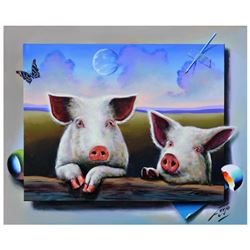 Ferjo, "Little Piggies" Original Painting on Canvas, Hand Signed with Letter of