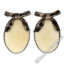 Vintage Sterling Silver Julia Booth Ribbon and Oval White Bone Button Earrings
