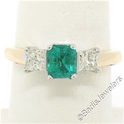 14K Yellow & White Gold 1.36 ctw Colombian Emerald Princess Diamond 3 Stone Ring