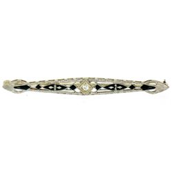 Antique Art Deco 14K White Gold Diamond & Black Enamel Etched Filigree Bar Pin
