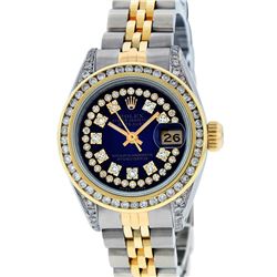 Rolex Ladies 2 Tone Blue Vignette String Diamond Channel Set Datejust Wriswatch