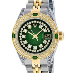 Rolex Ladies 2 Tone Green Vignette Diamond Lugs & Emerald Datejust Wriswatch