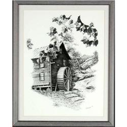 Pen & ink, landscape, ?Black and White Mill? by#1593614