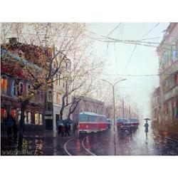 CITY STREET SCENE EXQUISITE ORIGINAL OIL #1593935