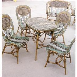 Rare French Rattan table and 4 armless chairs #1594165