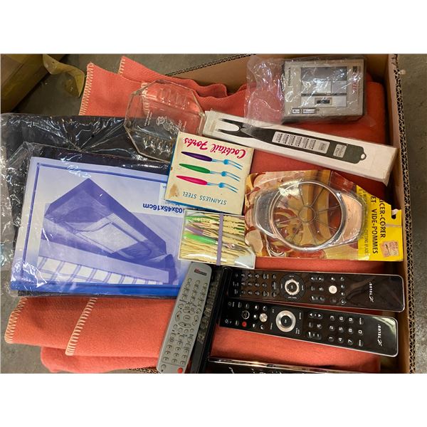 Wool blanket, walkman, remotes and other misc.