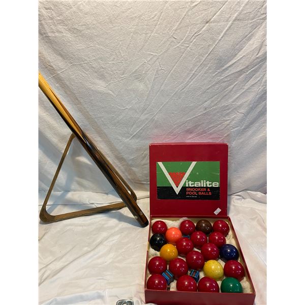 Snooker balls, triangle and cue