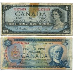2 Canadian Five Dollar $5.00 bills - 1954 SS2372448 & 1972 CC9367506