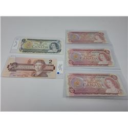 Canadian $1.00 1973 Lawson/Bouey, $2.00 1974 Lawson/Bouey X3, 1986 Thiessen/Crow (lot of 5)