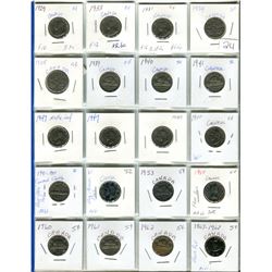 Sheet of Canadian 5 cent 5¢ lot of 20 various dates & grades