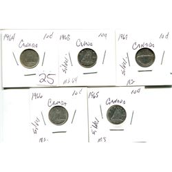 Canadian silver 10¢ ten cent 1964, 1965, 1966, 1967, 1968 lot of 5
