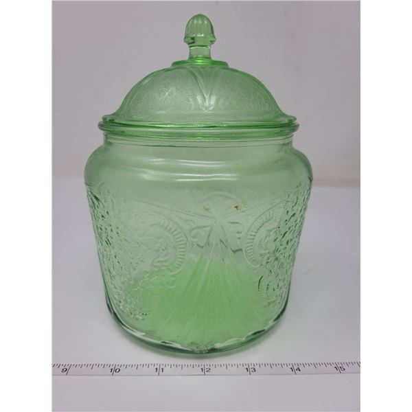 depression glass green bicuit jar no chips or cracks