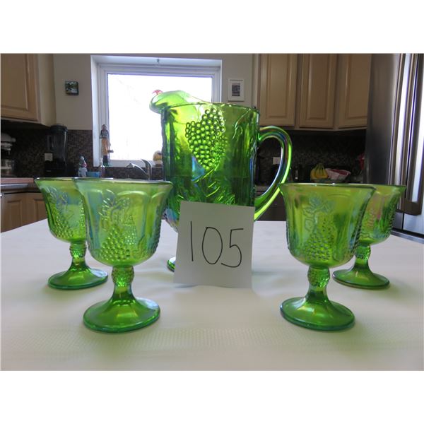Green carnival pitcher, 4 goblets