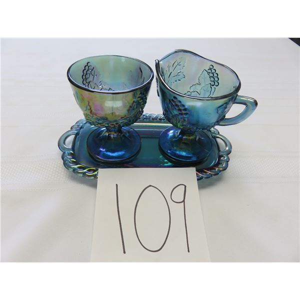 Blue carnival cream & sugar with tray