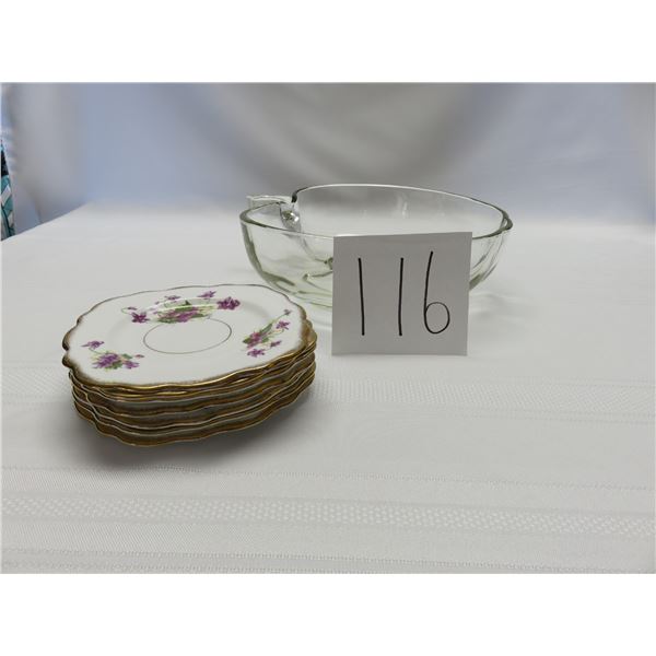 clear glass apple shaped bowl, seven Phoenix dessert plates