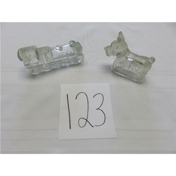 Two candy dishes, Scottie dog & locomotive