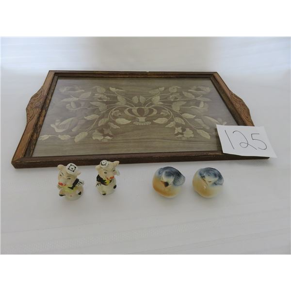 Tray, two Salt & Pepper, little pigs & blue birds