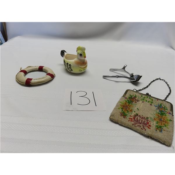 Churchill life bouy, egg seperator, beaded purse